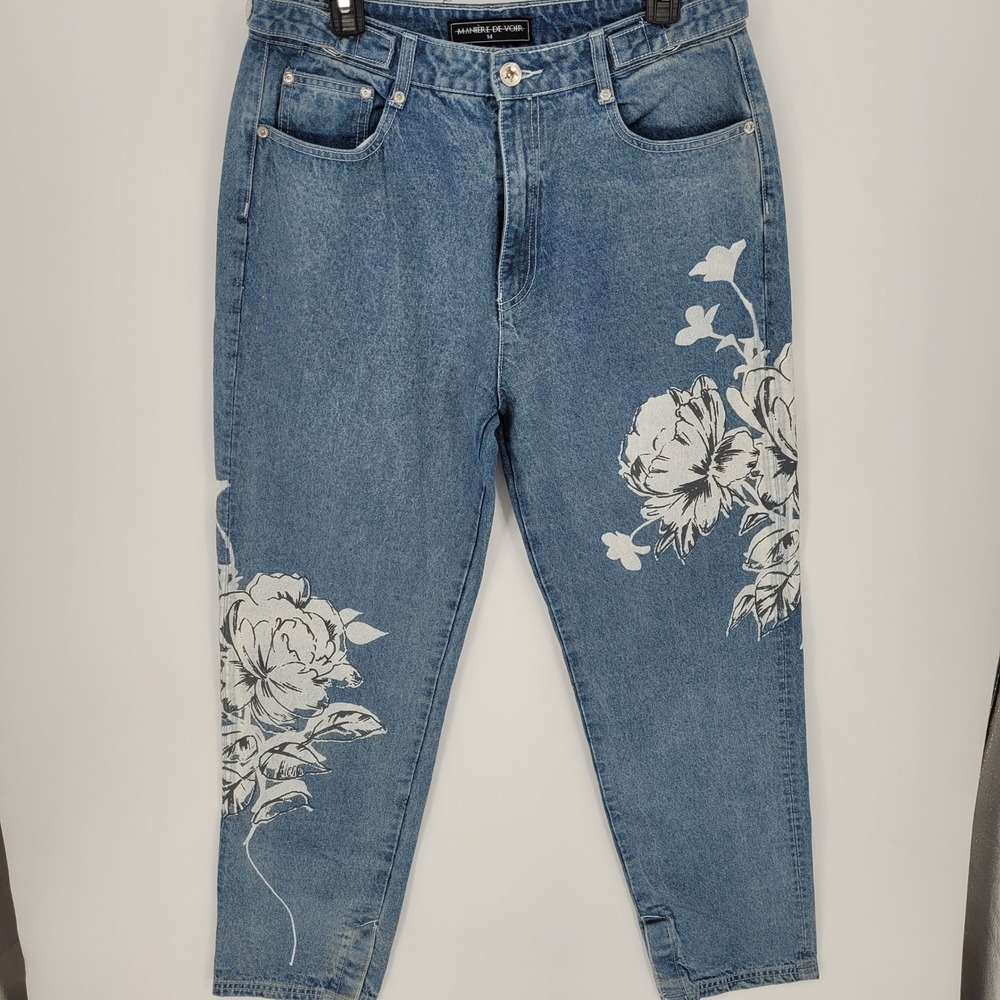 Maniere De Voir Floral Graphic mom Jeans Womens 14 High Rise Tapered streetwear
